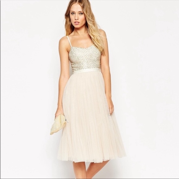 Needle & Thread Dresses & Skirts - Needle and Thread champagne midi beaded tulle dress